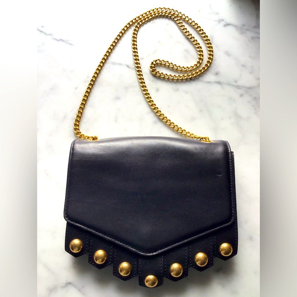 SANDRO PARIS small studded cross body bag with gold studs and chain